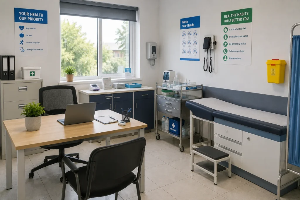 How to start a workplace health room in Kenya - examination couch, diagnostic set and first aid cabinet from Ultrascope, Nairobi